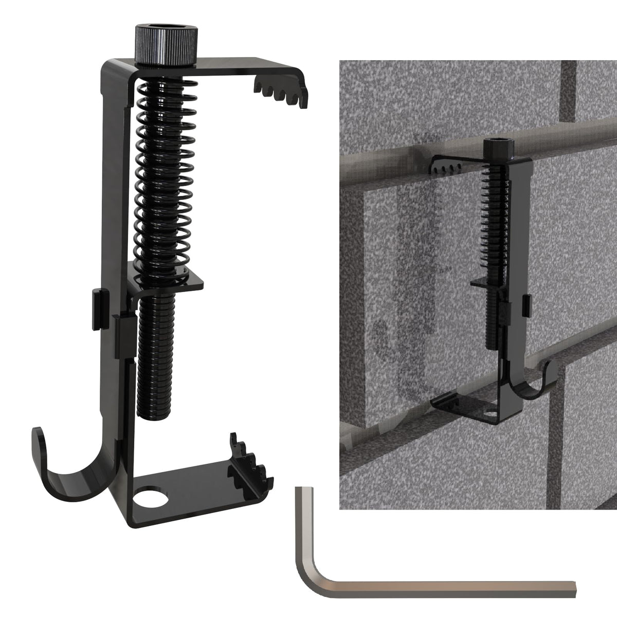 Aufuga brick hooks close-up showing adjustable brick grip for versatile mounting.
