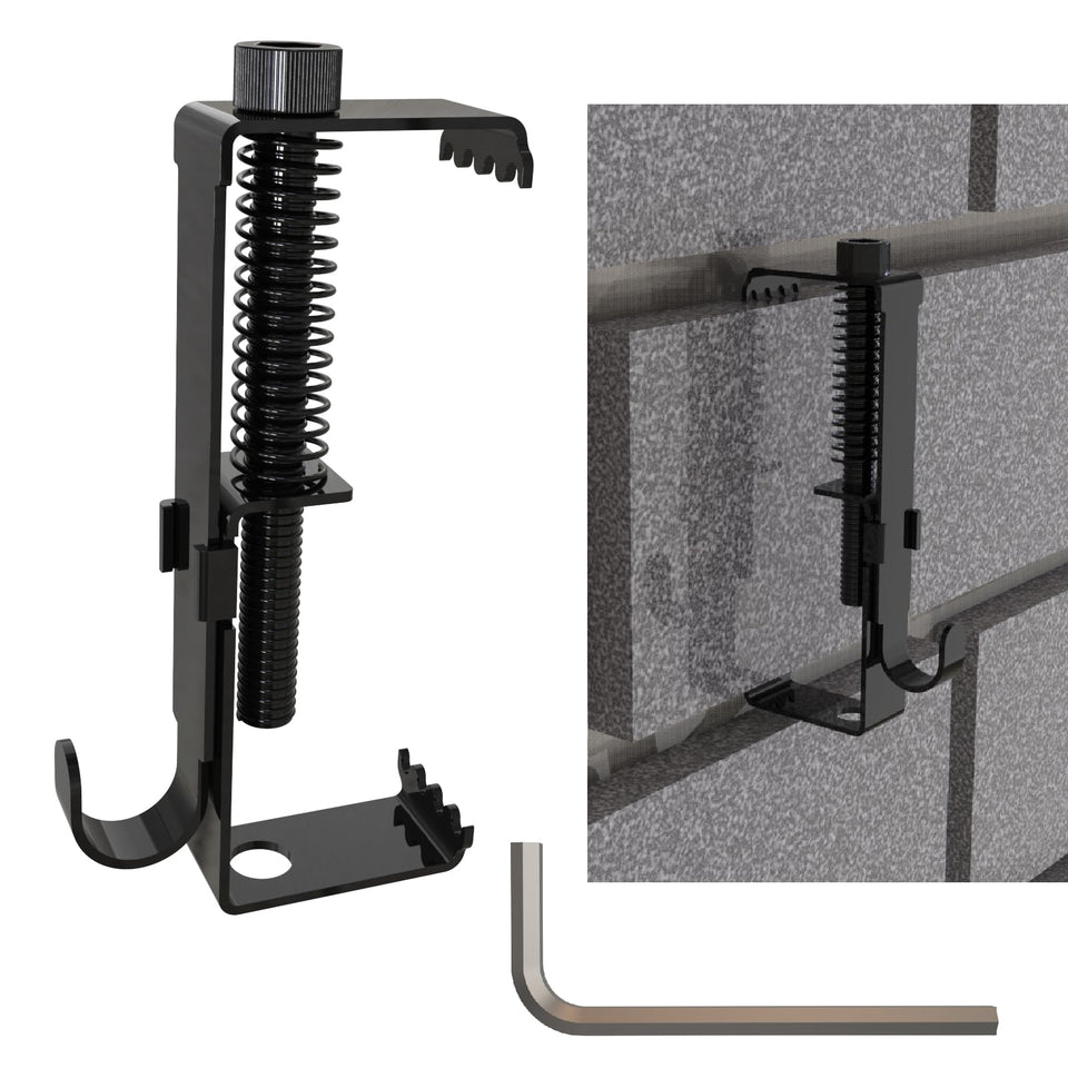Aufuga brick hooks close-up showing adjustable brick grip for versatile mounting.