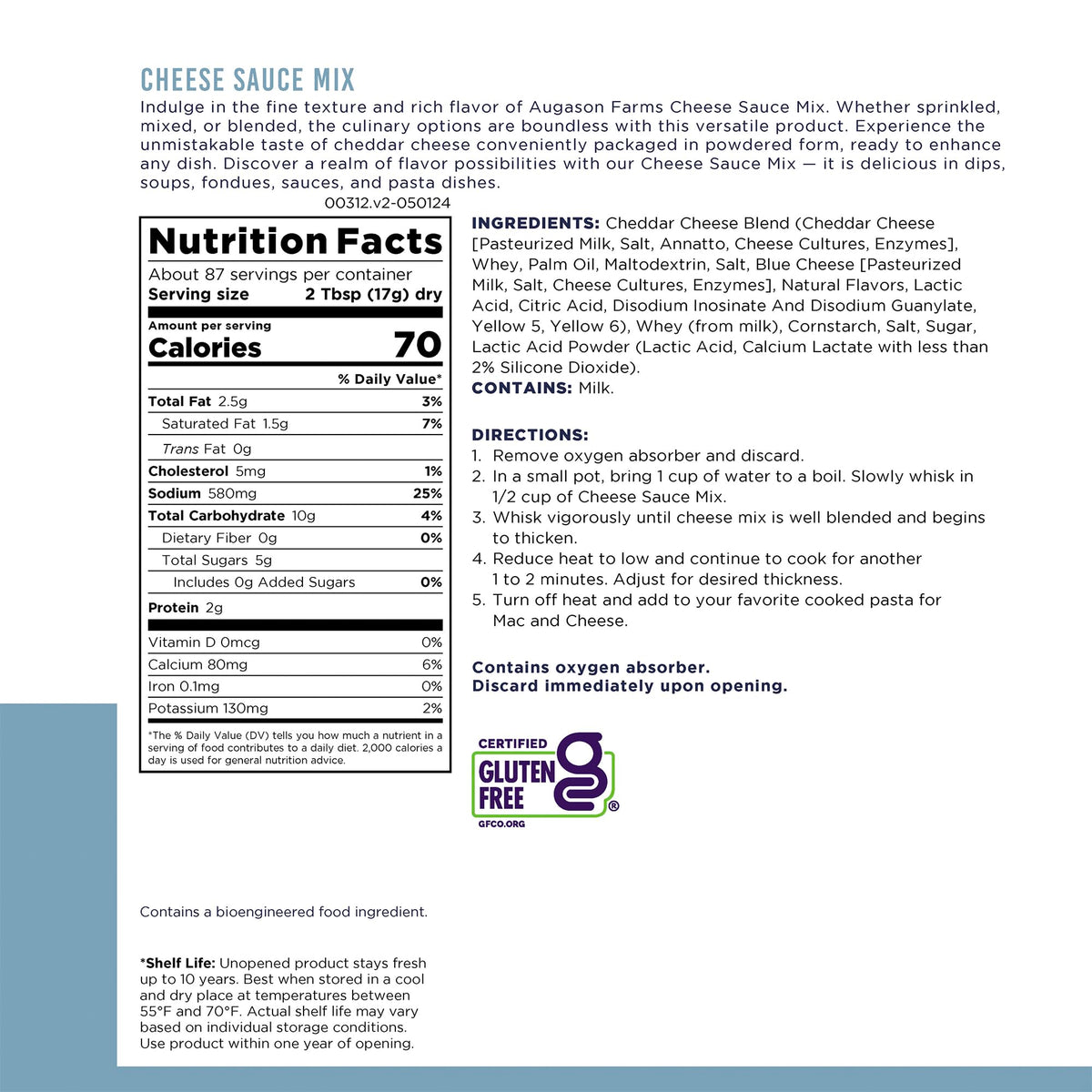 Augason Farms cheese sauce offers a 10 year shelf life