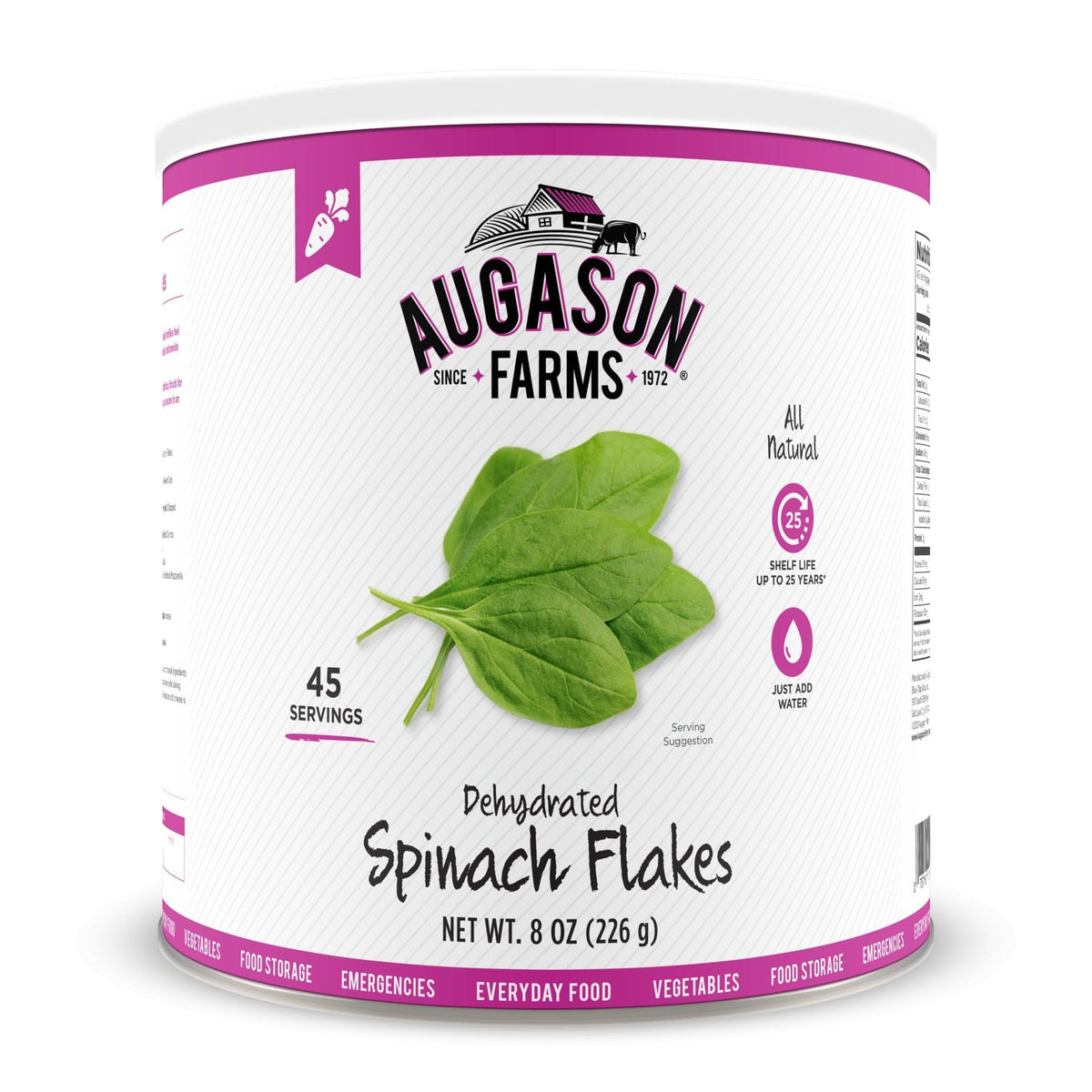Augason Farms Dehydrated Spinach Flakes can—versatile, long-term storage ingredient for soups and meals.