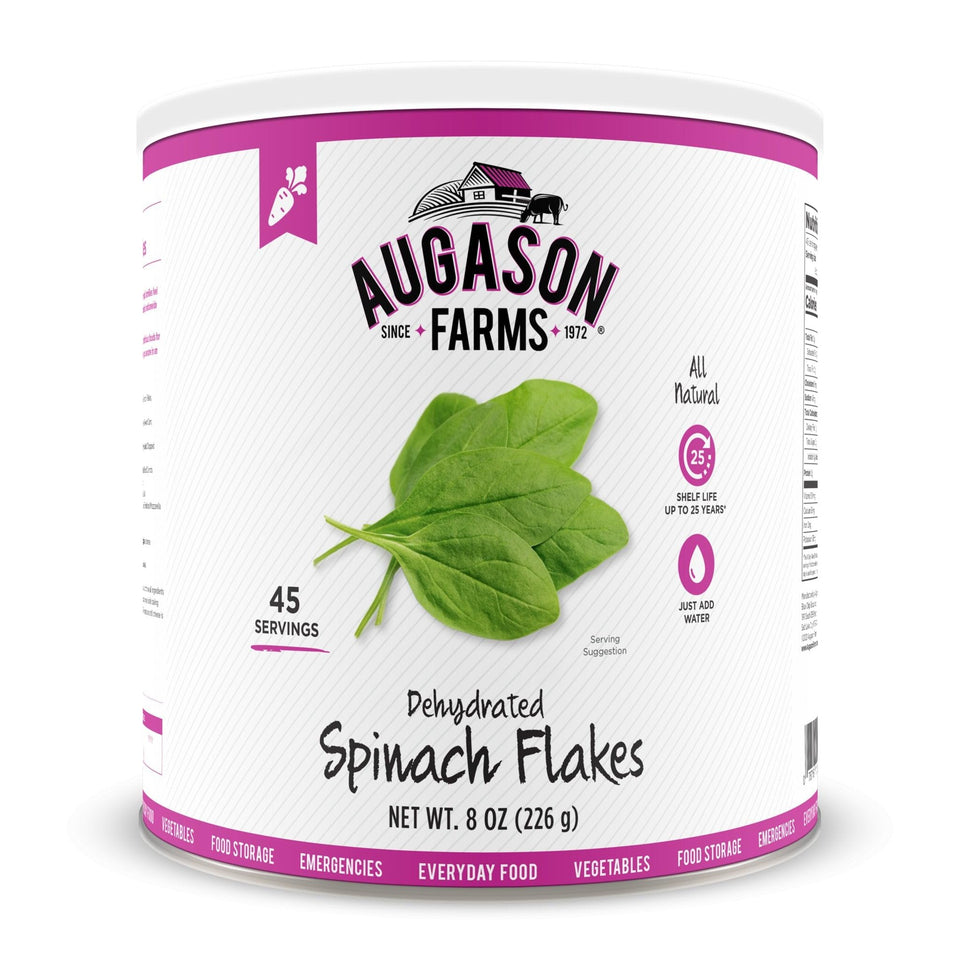 Augason Farms Dehydrated Spinach Flakes can—versatile, long-term storage ingredient for soups and meals.