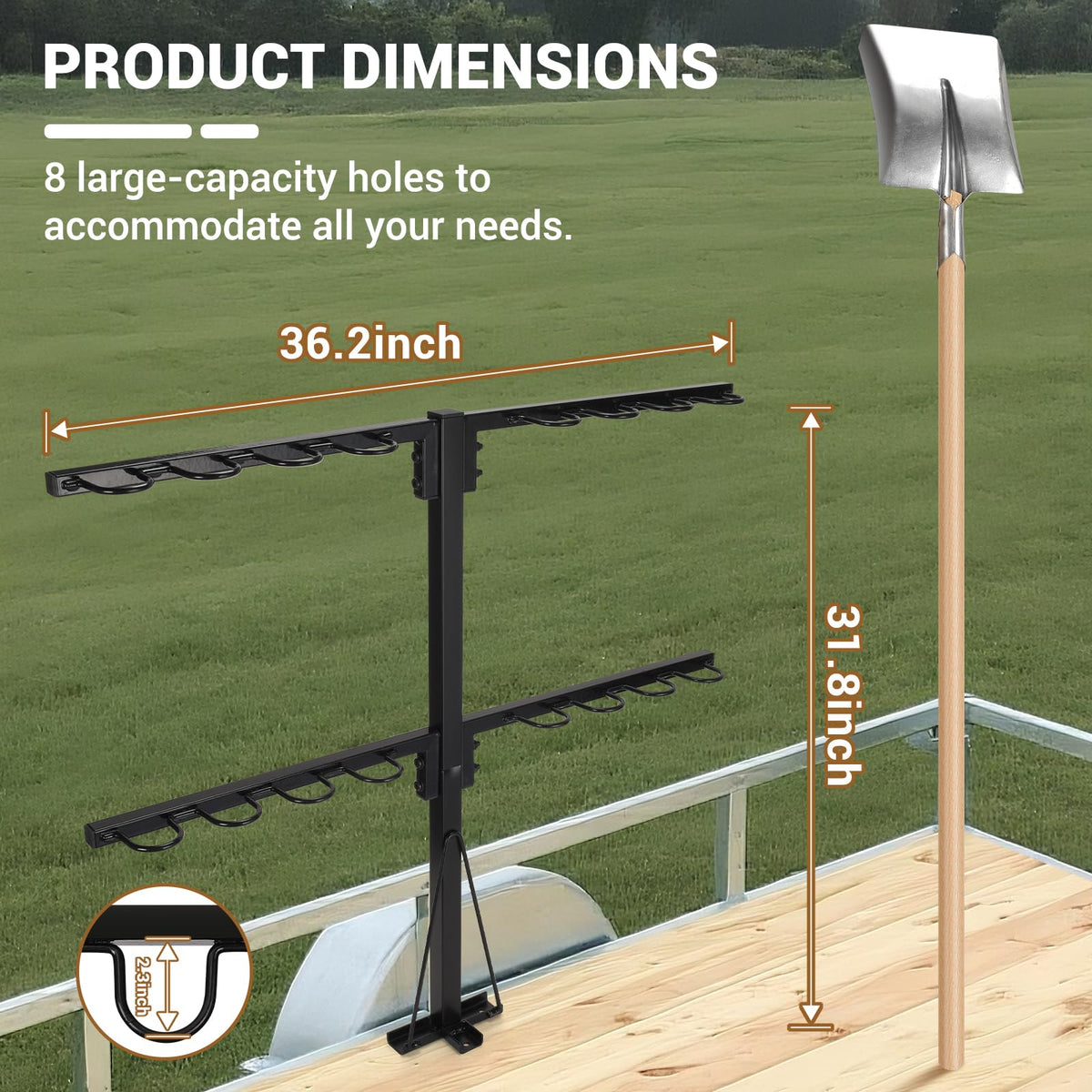AugFir 8-hole trailer tool rack organizing shovels and rakes for easy access.