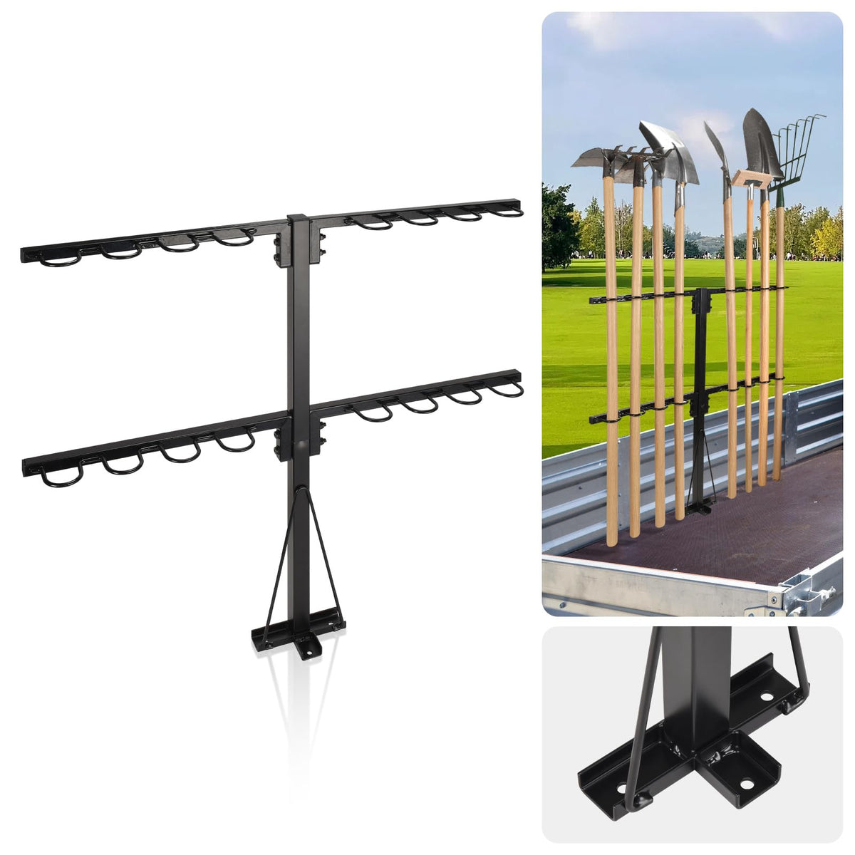 AugFir upgraded base trailer tool rack showing reinforced base for secure storage on rough terrain.