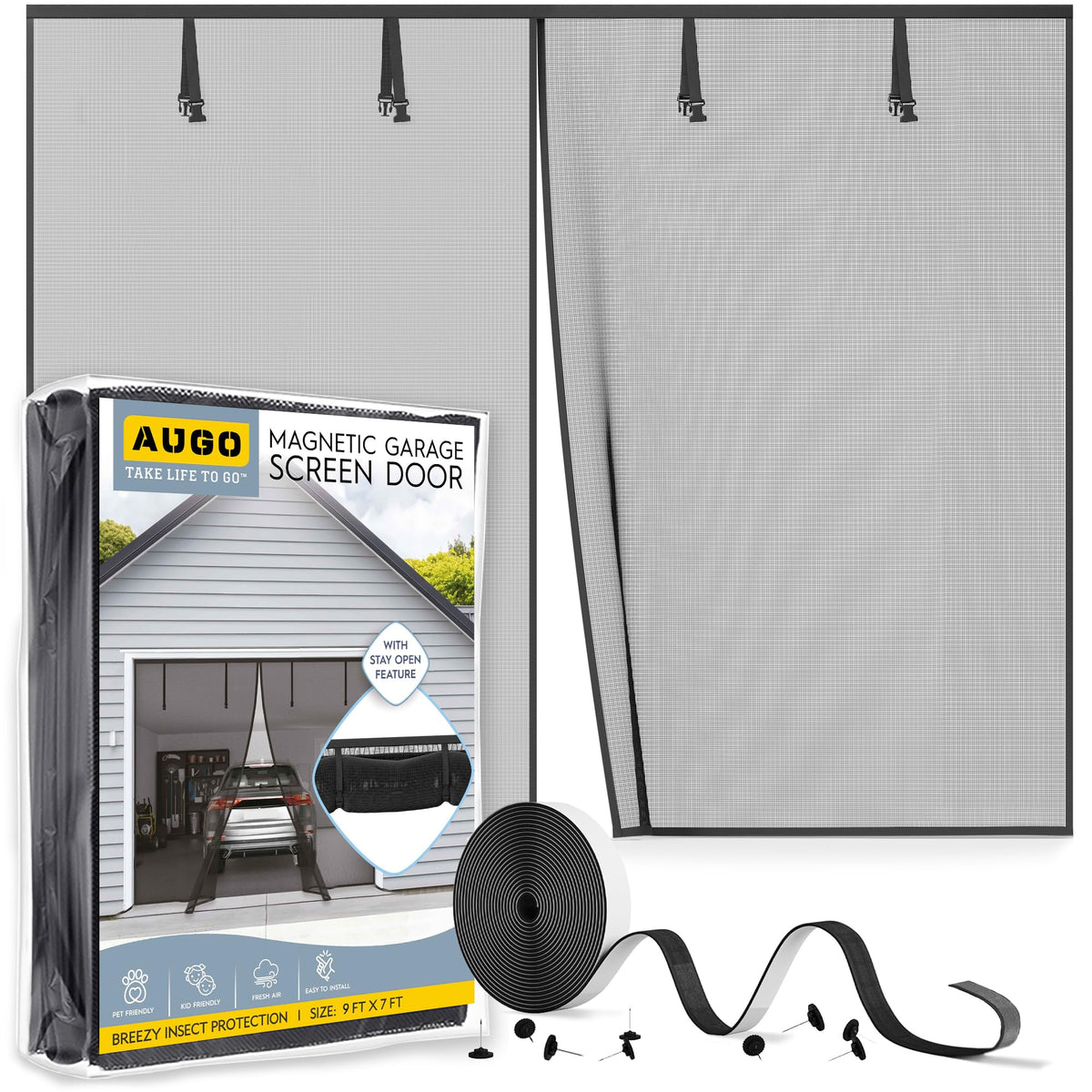 AUGO garage door screen easy install demonstrates quick setup for a 9x7 ft opening.