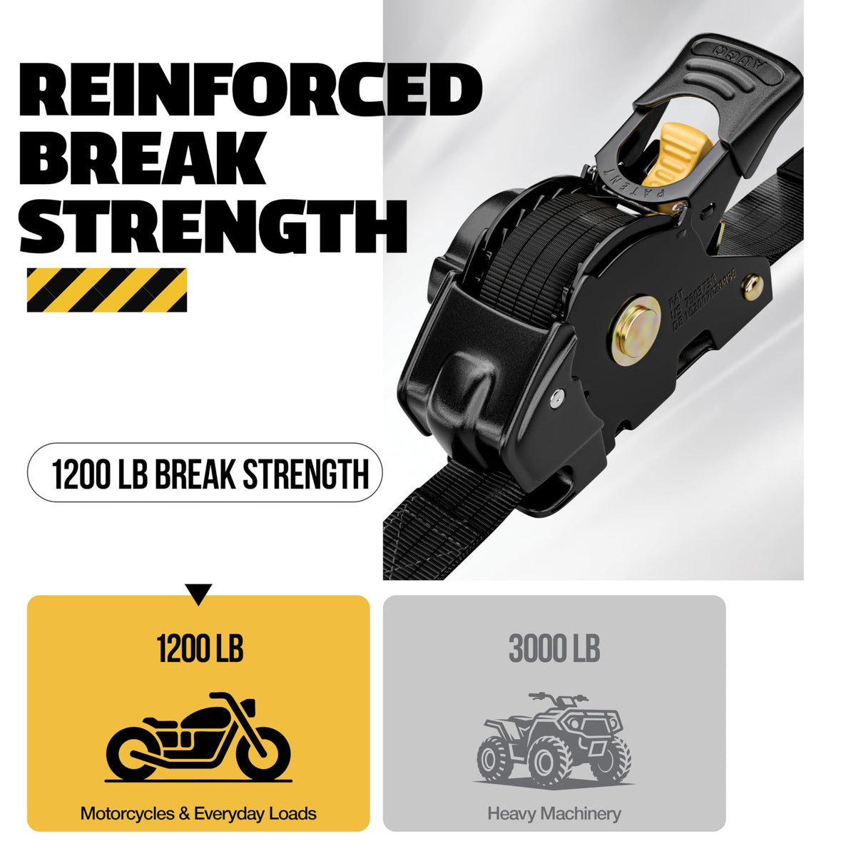 AUGO heavy-duty ratchet strap in action securing gear in a trailer or truck bed.