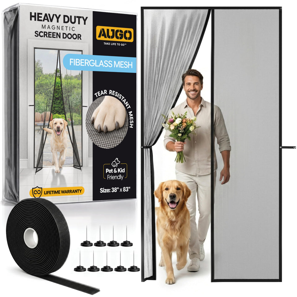 AUGO magnetic fiberglass screen door in full view showing pest protection and airflow.