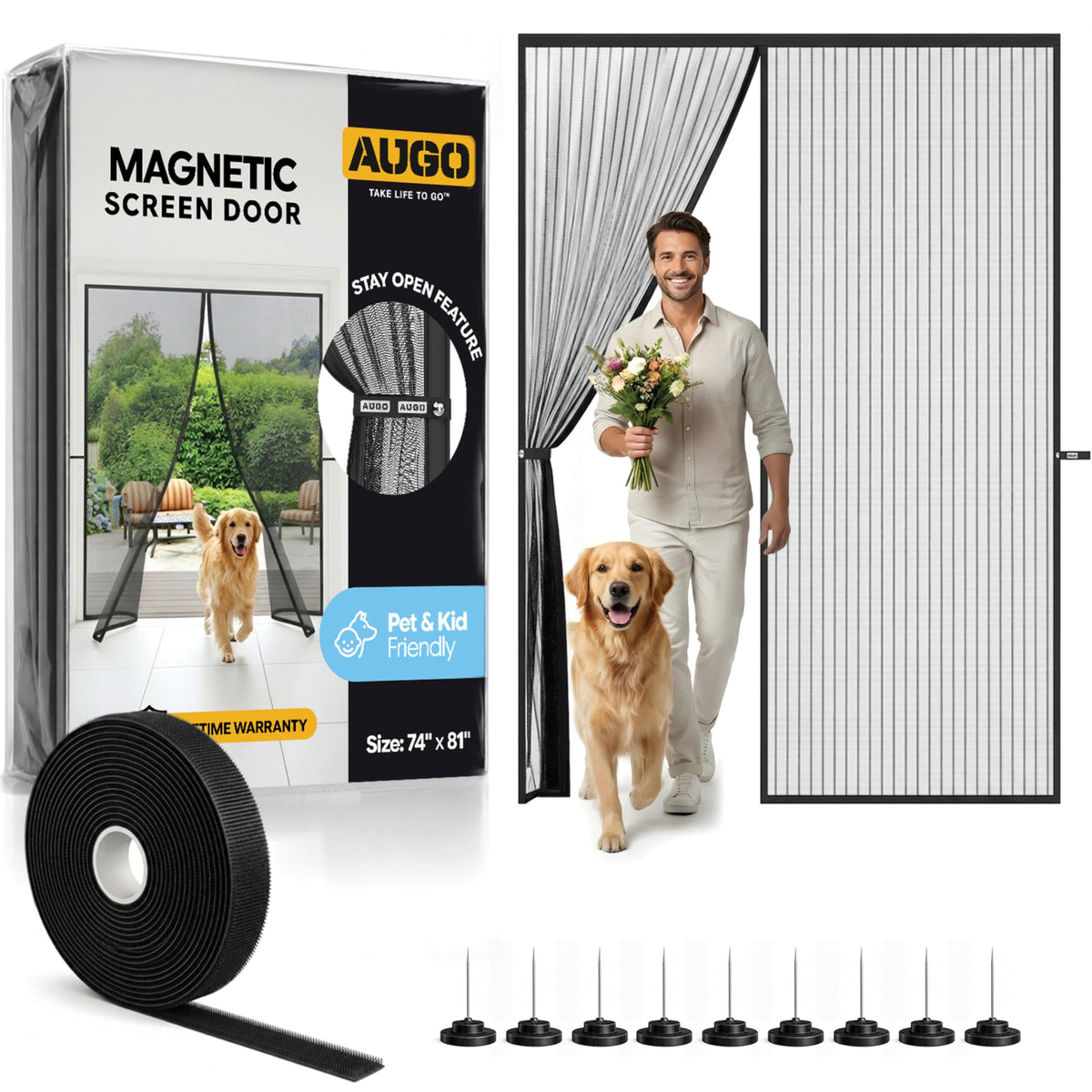 AUGO magnetic screen door full view 74x81 for hands-free entry and insect protection