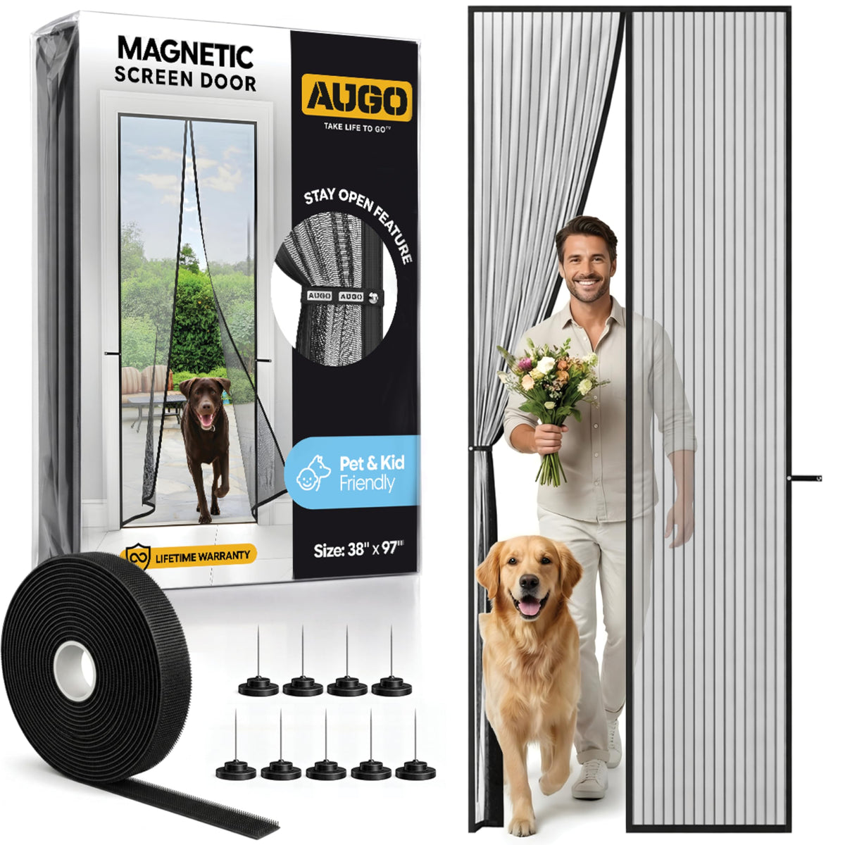 AUGO magnetic screen door shows full-frame magnets sealing to keep bugs out.