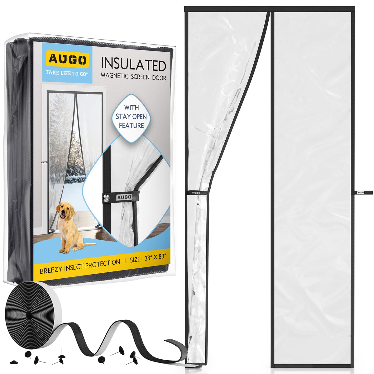 AUGO magnetic thermal curtain installed on a front door showing clear view and draft protection