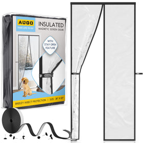 AUGO magnetic thermal curtain installed on a front door showing clear view and draft protection