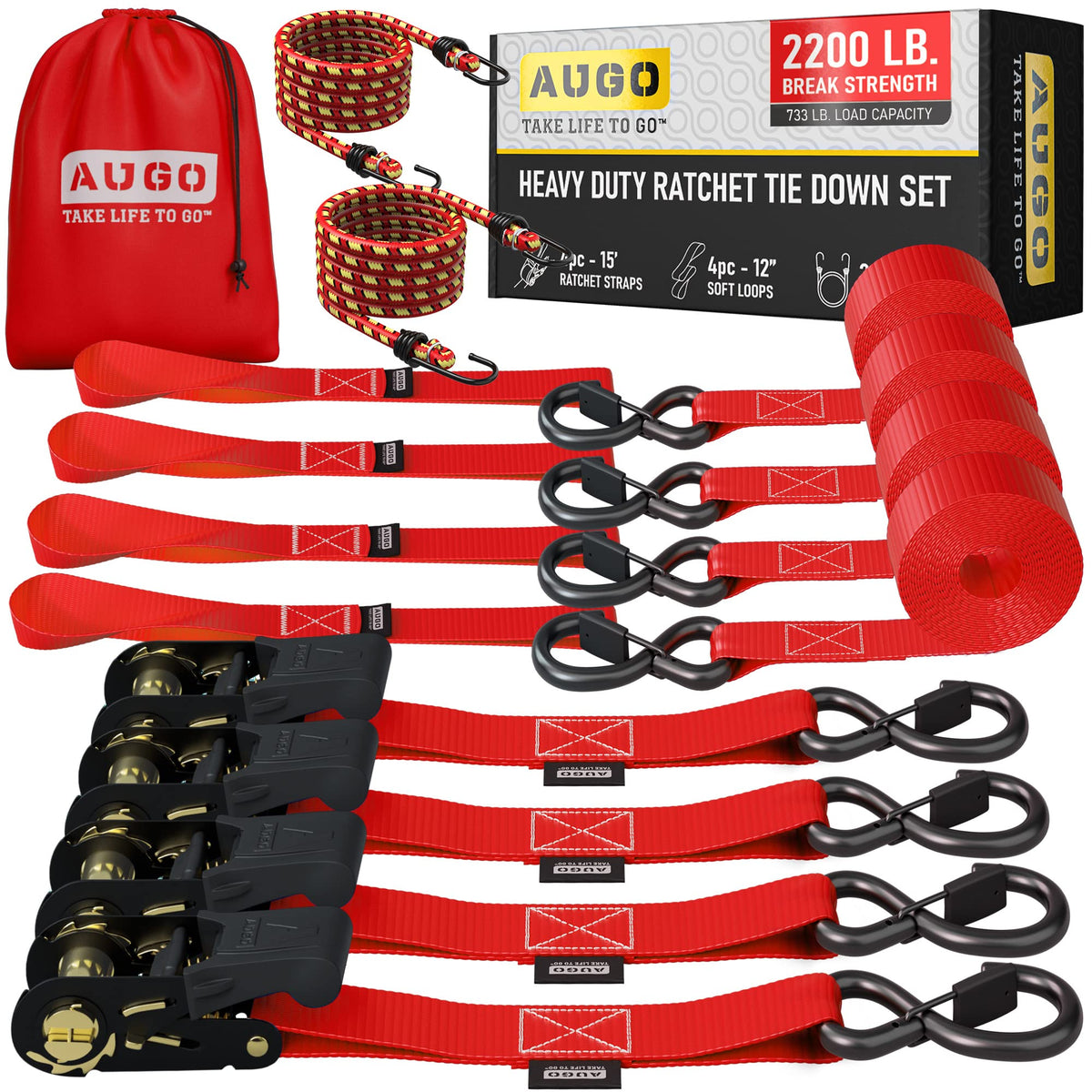 AUGO four-pack ratchet straps with safety-lock S-hooks securing cargo