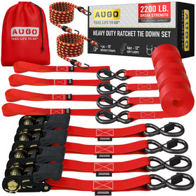 AUGO four-pack ratchet straps with safety-lock S-hooks securing cargo