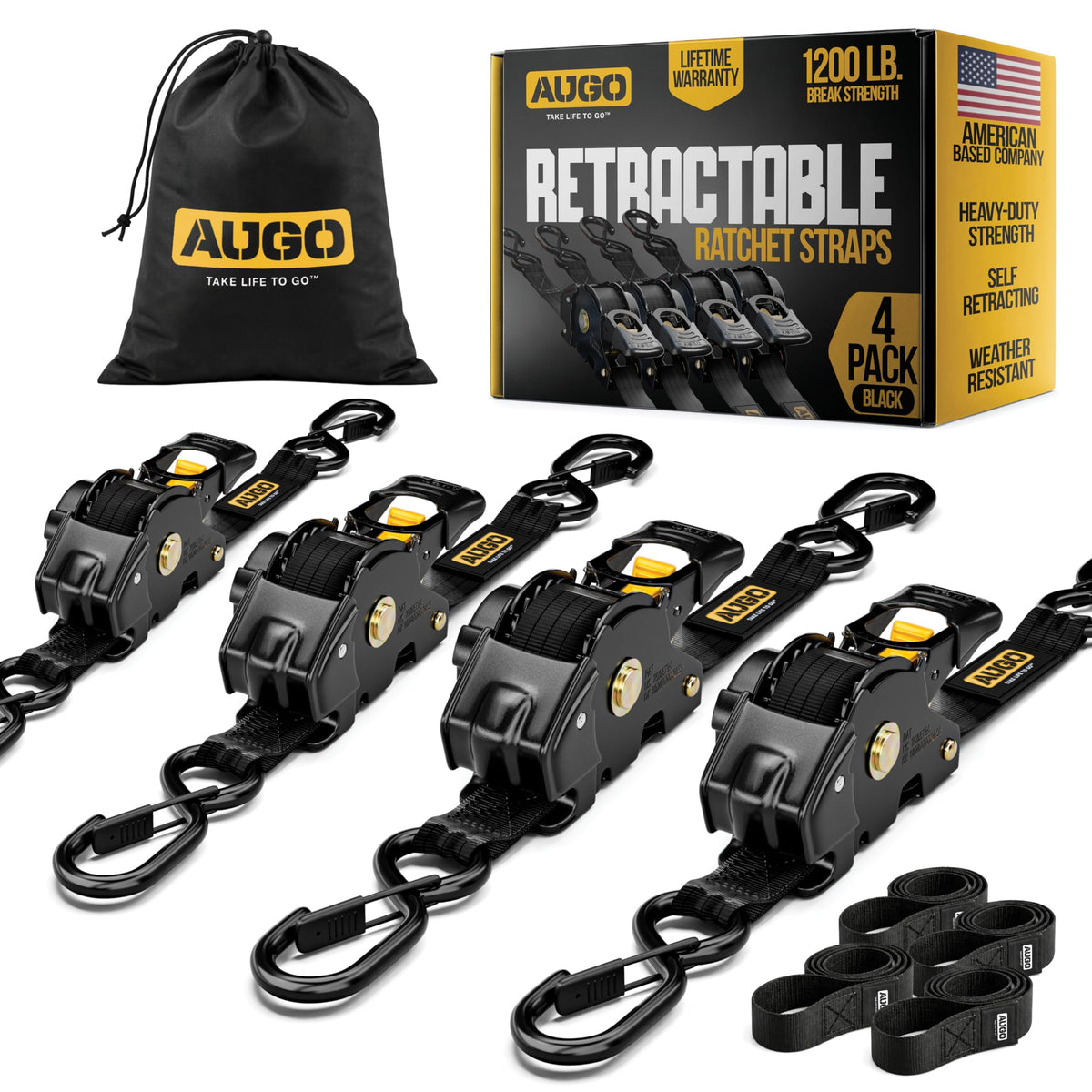 AUGO retractable ratchet strap pack with 1in x 10ft webbing for quick, secure tie-downs.