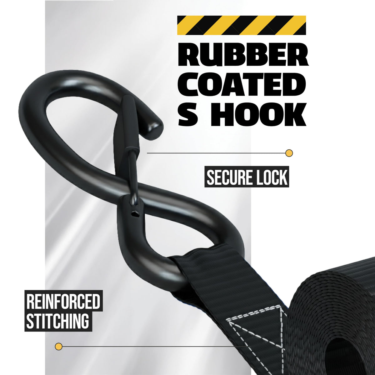 AUGO stainless S-hook with safety lock protects surfaces during cargo securement.
