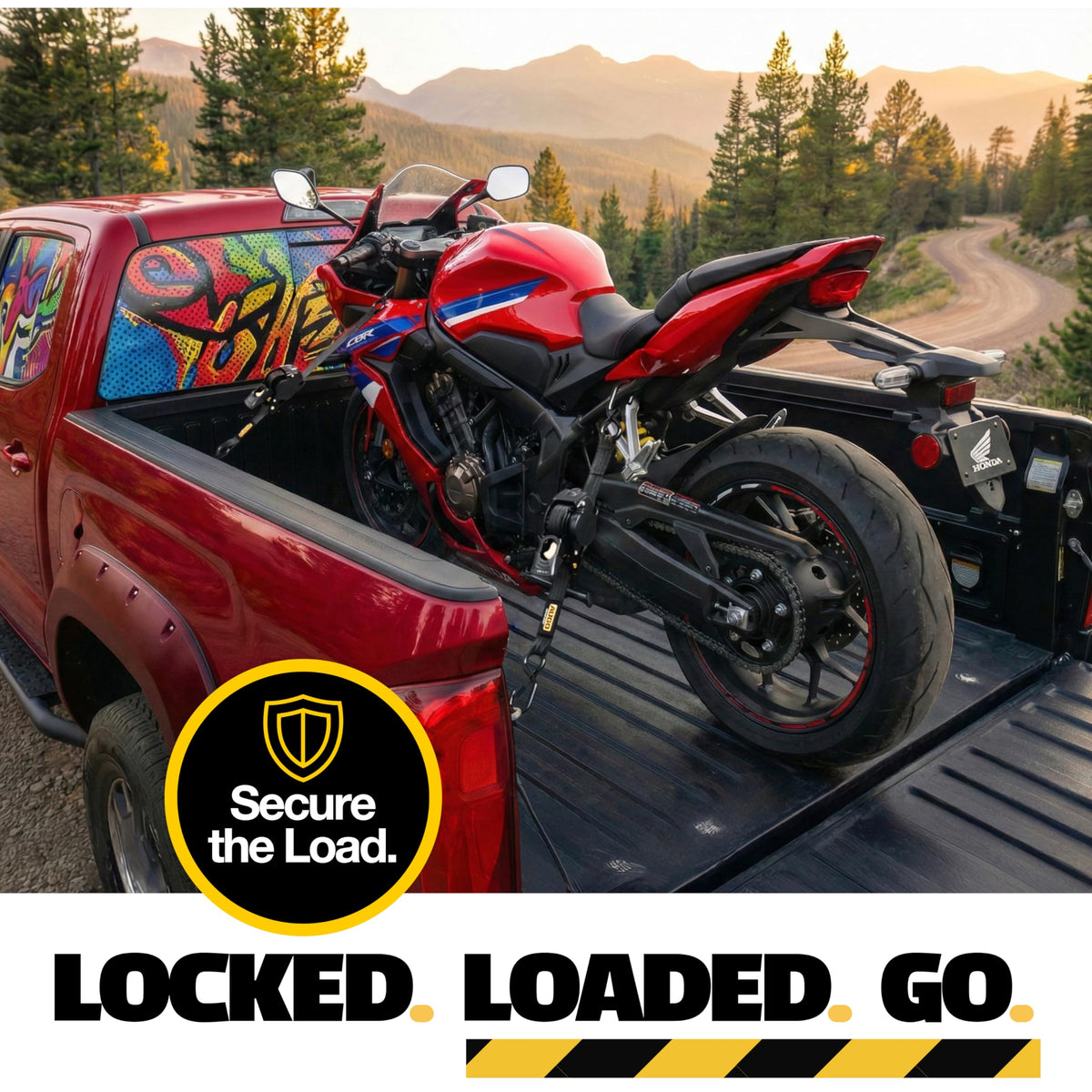 AUGO ratchet strap securing cargo in a truck bed for safe transport.