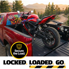 AUGO ratchet strap securing cargo in a truck bed for safe transport.