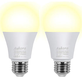 Aukora motion sensor bulb at front door lighting the entry with hands-free security.