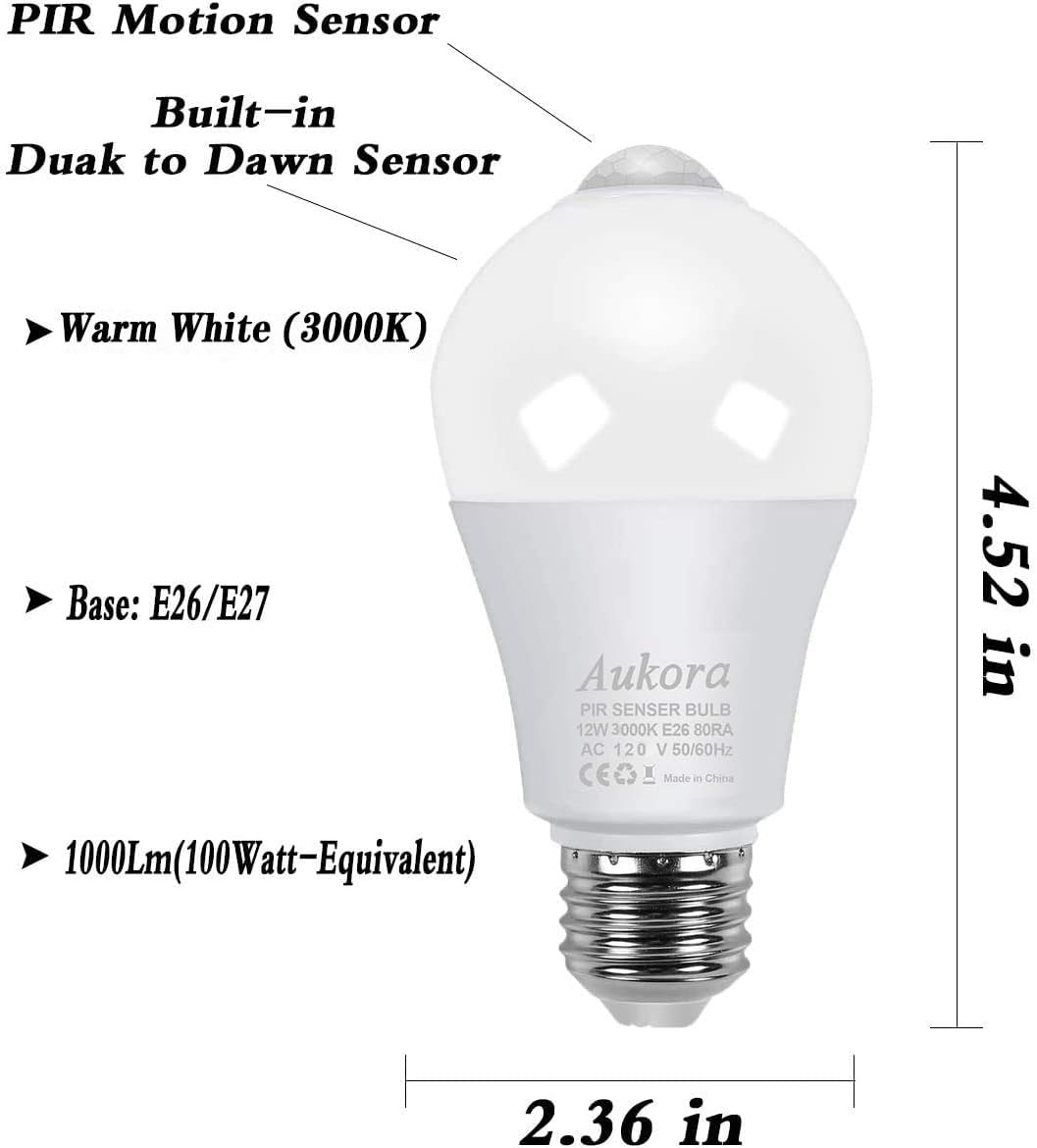 Aukora motion sensor bulb on porch brightens steps automatically at dusk.