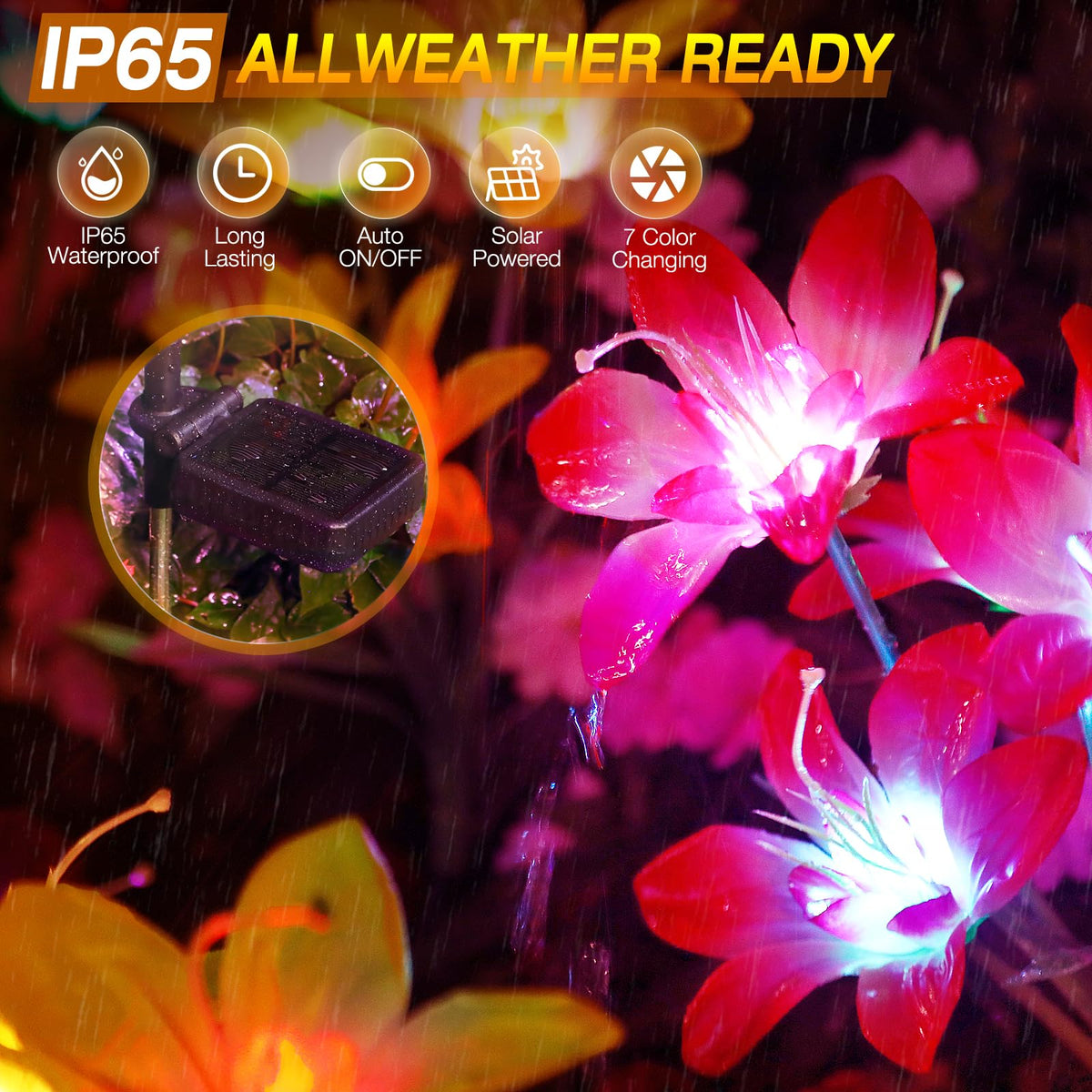 Aukora solar garden lights purple lily bloom enhance flower beds with color.
