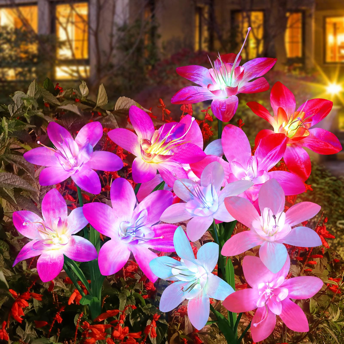Aukora solar garden lights with red lily bloom illuminate pathways with wire-free setup.