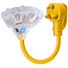 Aukzily TT-30P adapter back view showing three 5-15/5-20 outlets for RV use