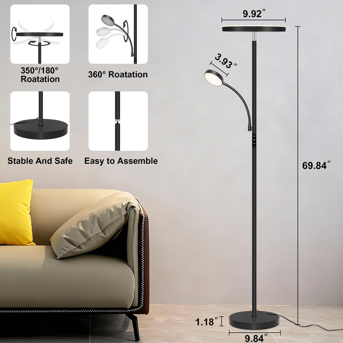 Aulaiyi floor lamp color temperature ranges from 3000K to 6000K for warm to cool moods.