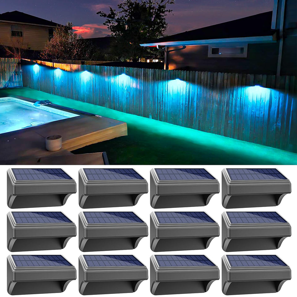 Aulanto 12-pack solar fence lights front view showing modern outdoor lighting setup