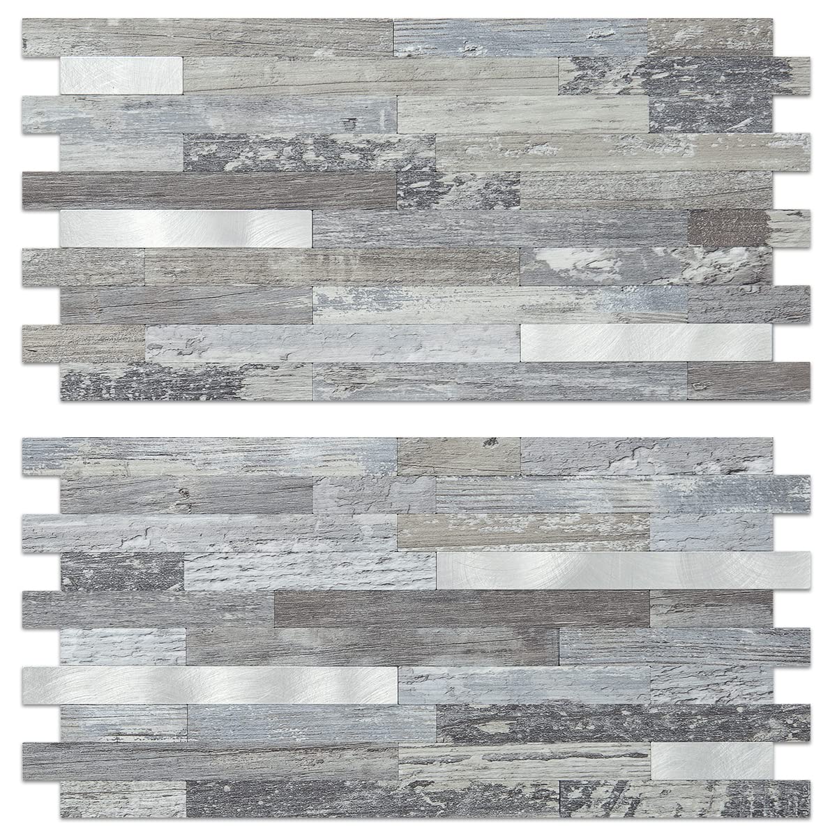 AULIGET distressed-wood backsplash close-up shows textured PVC for durable kitchen walls.