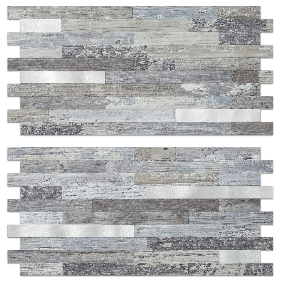 AULIGET distressed-wood backsplash close-up shows textured PVC for durable kitchen walls.