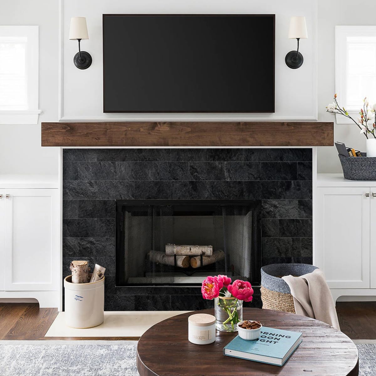 AULIGET fireplace wall tiles close-up illustrating heat-resistant, easy-to-clean option