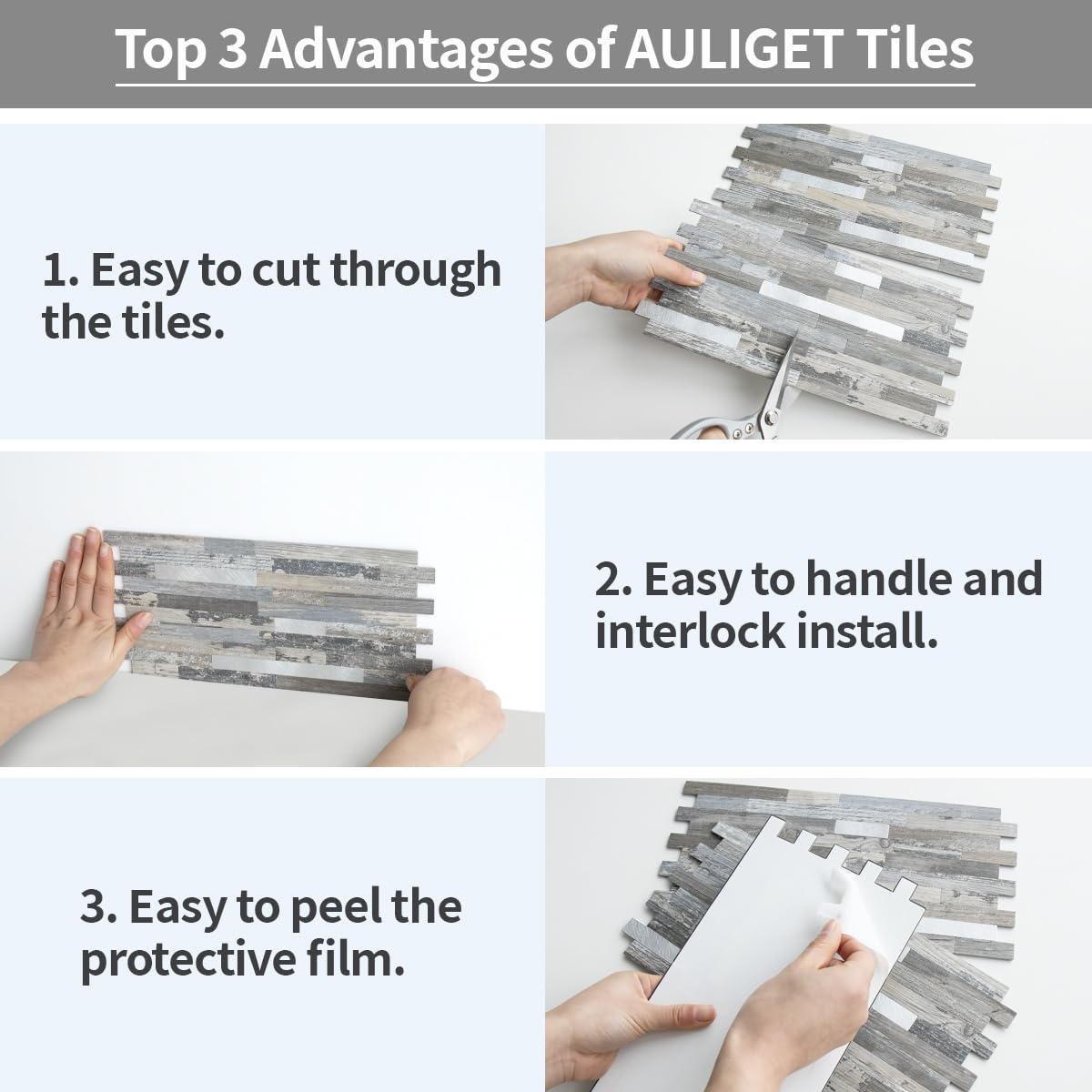 AULIGET multi-room application shows backsplash in kitchen, laundry, RV, and fireplace.