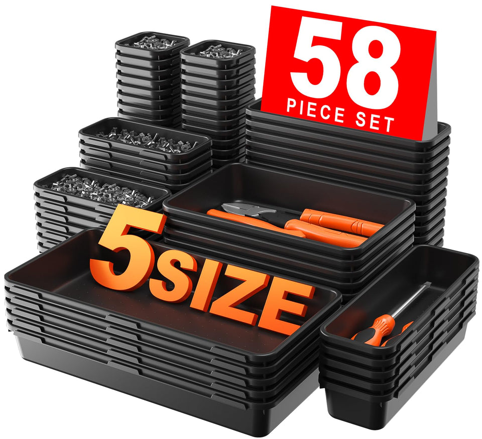 A-LuGei 58Pcs toolbox organizer tray set arranged for a tidy drawer and clear access to tools