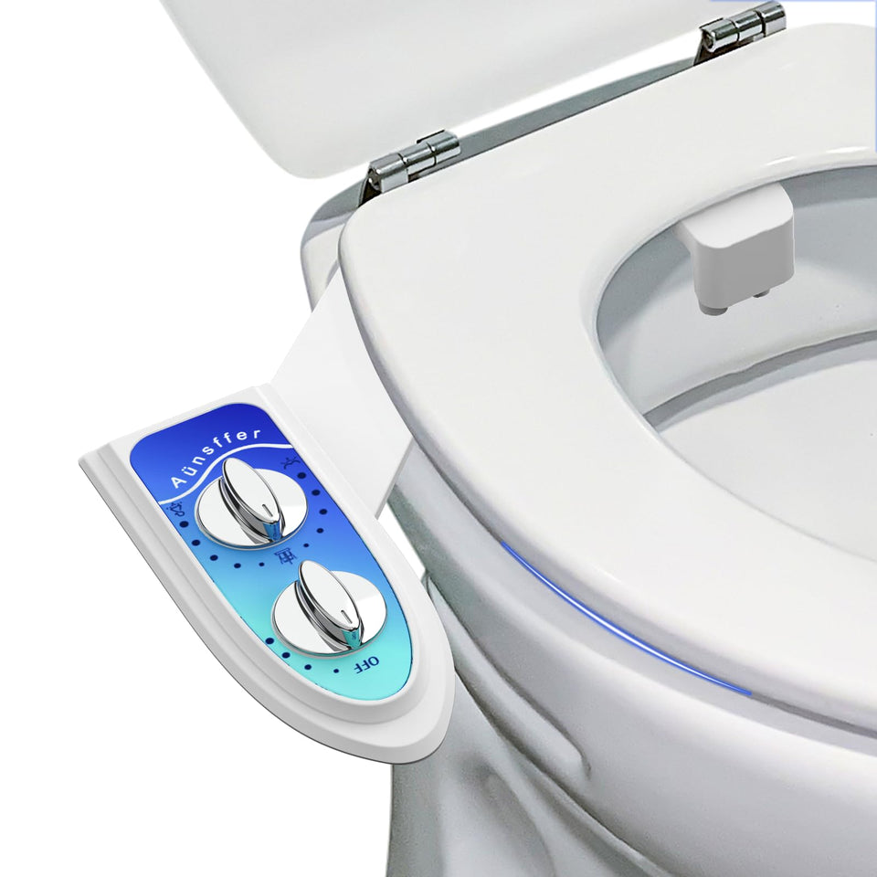 Aünsffer bidet attachment in blue and pink packaging for easy setup and fresh cleaning