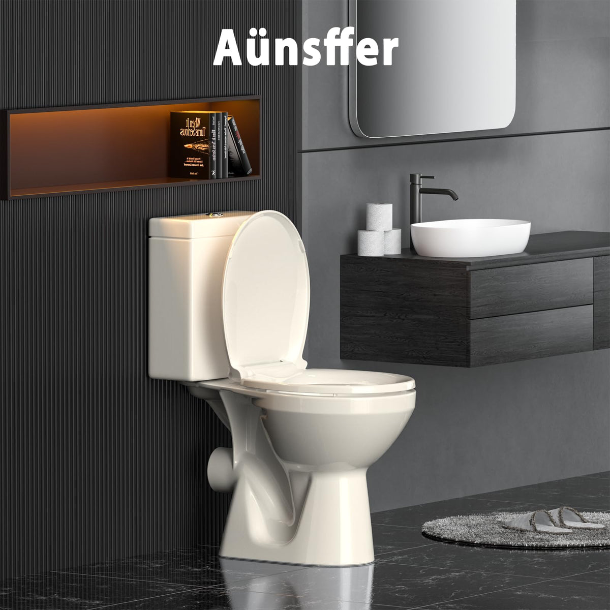Aünsffer almond toilet seat package includes hardware and user manual for quick setup.