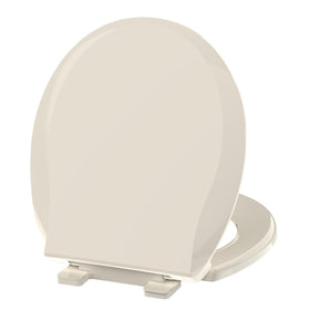 Aünsffer almond round toilet seat with soft-close for quiet bathroom use.