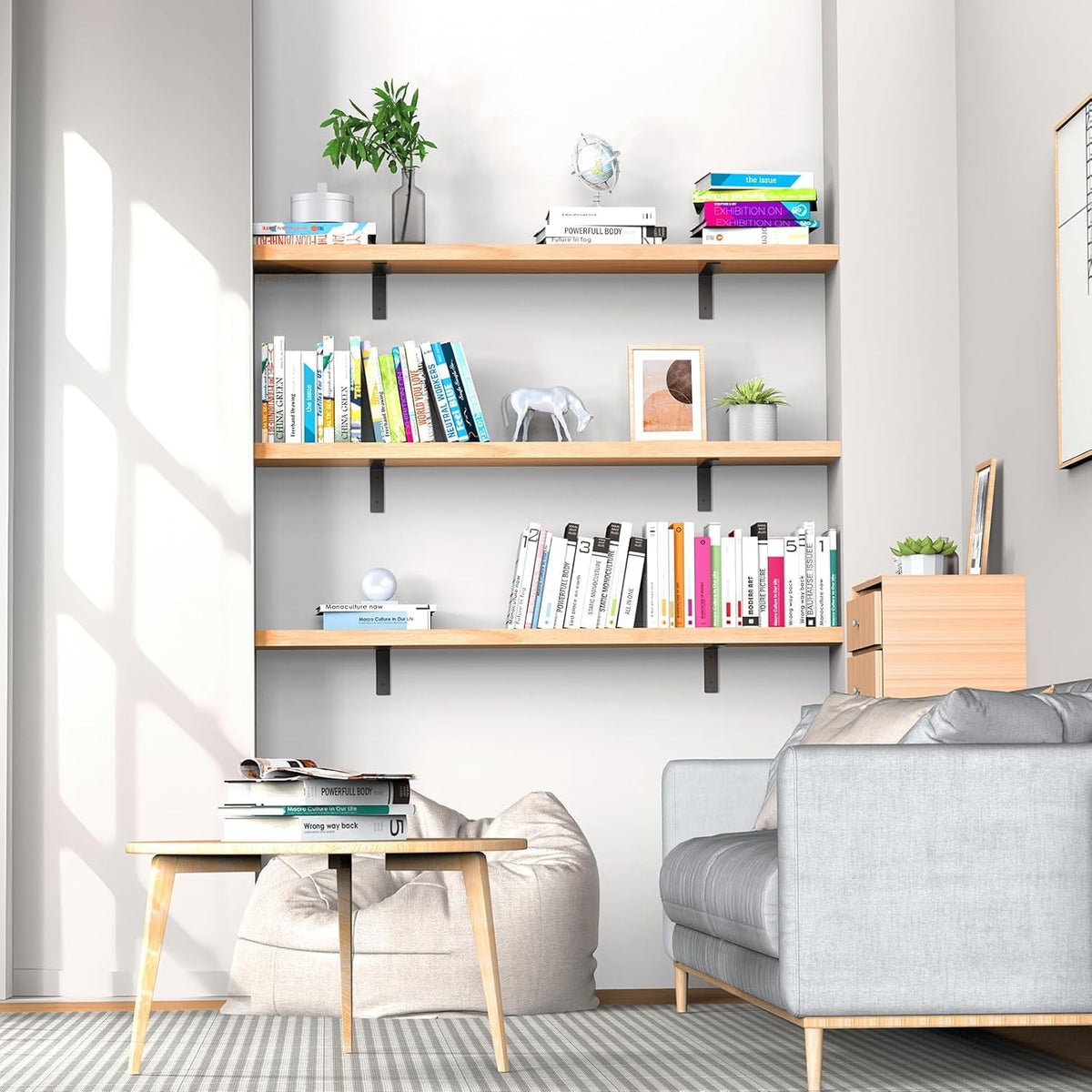 Aunulahca L-wall bracket supporting a floating shelf in a living space