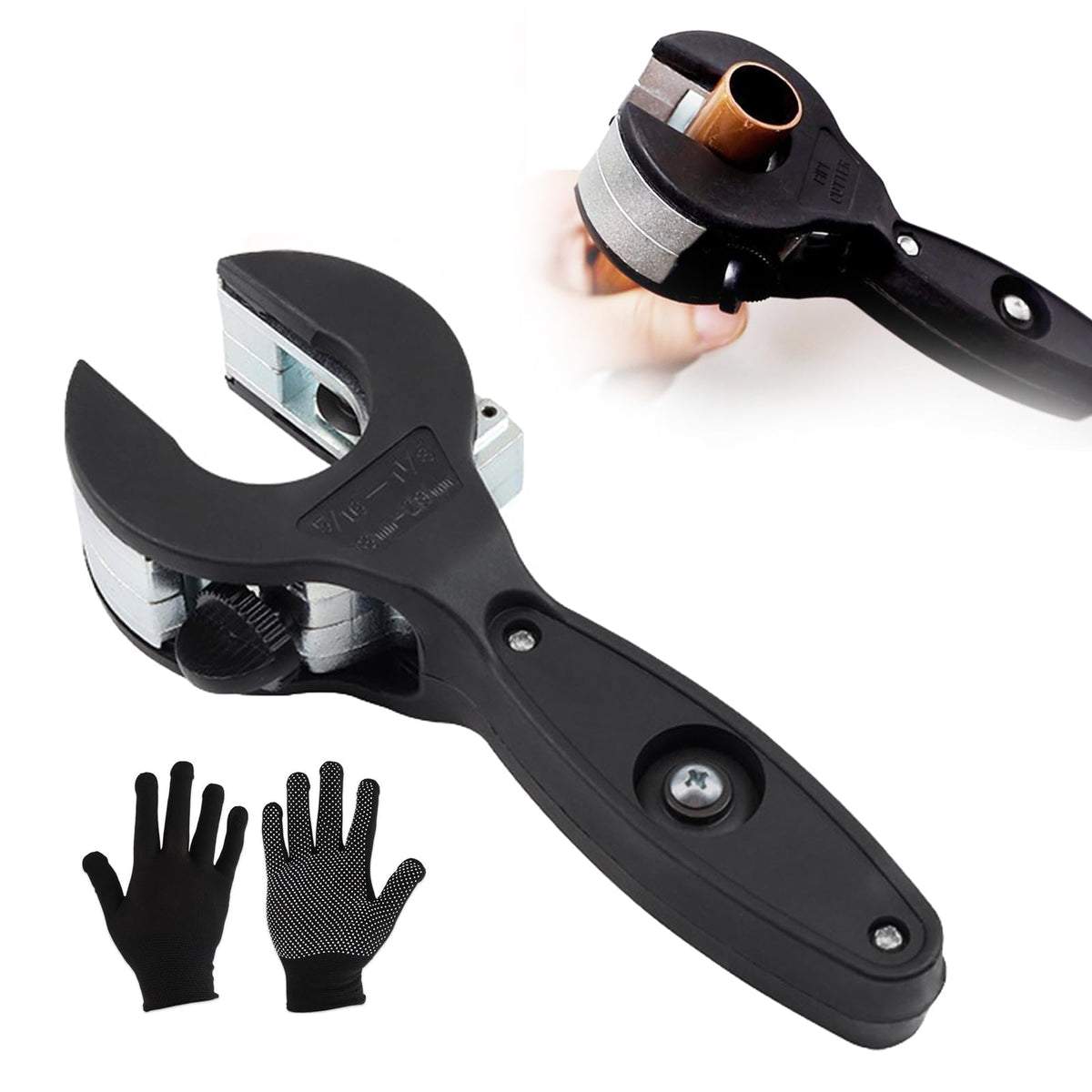 Auomuo ratcheting tubing cutter in tight workspace, ideal for close-quarters cuts.