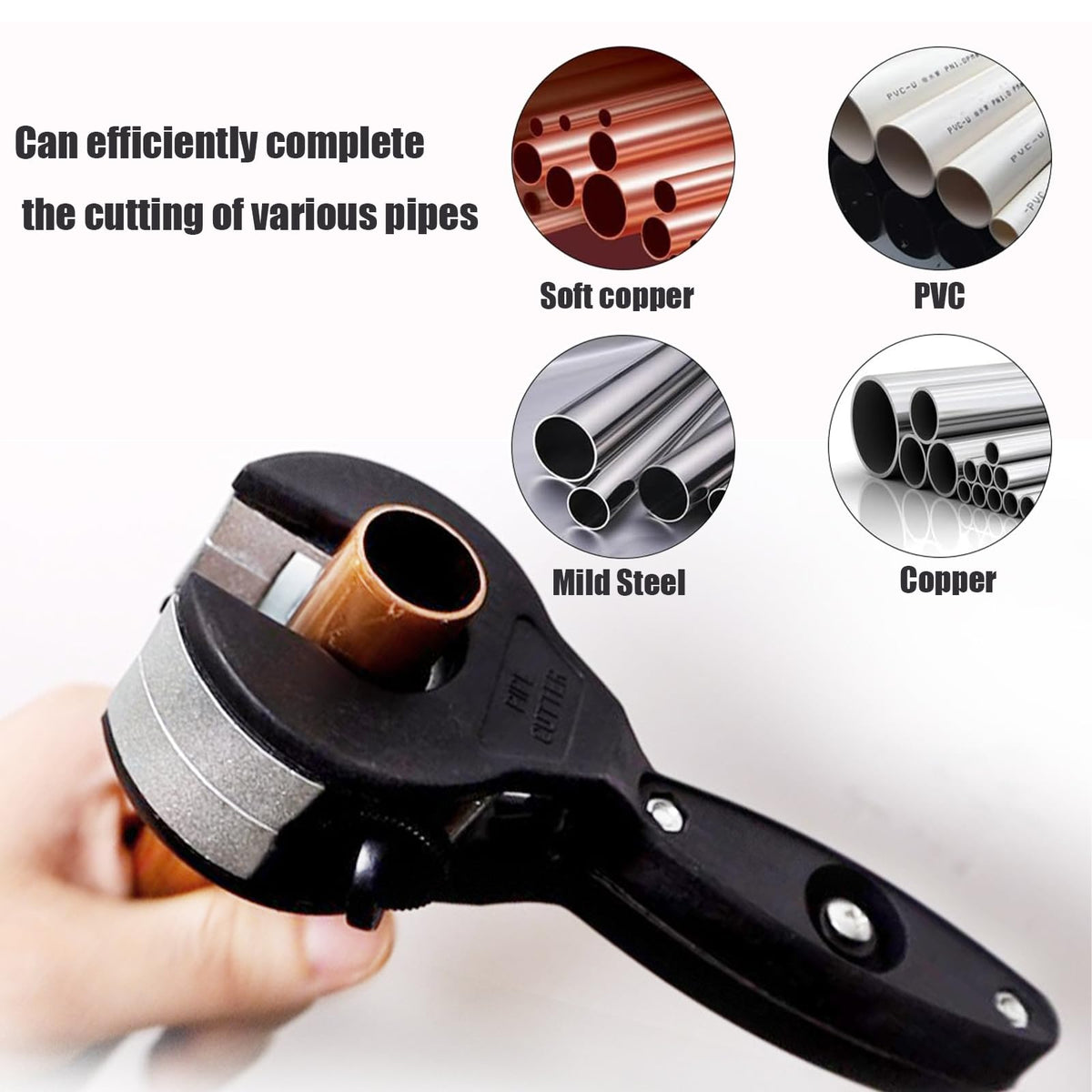 Auomuo ratcheting tubing cutter slicing 1/4–7/8 inch pipes with ease.