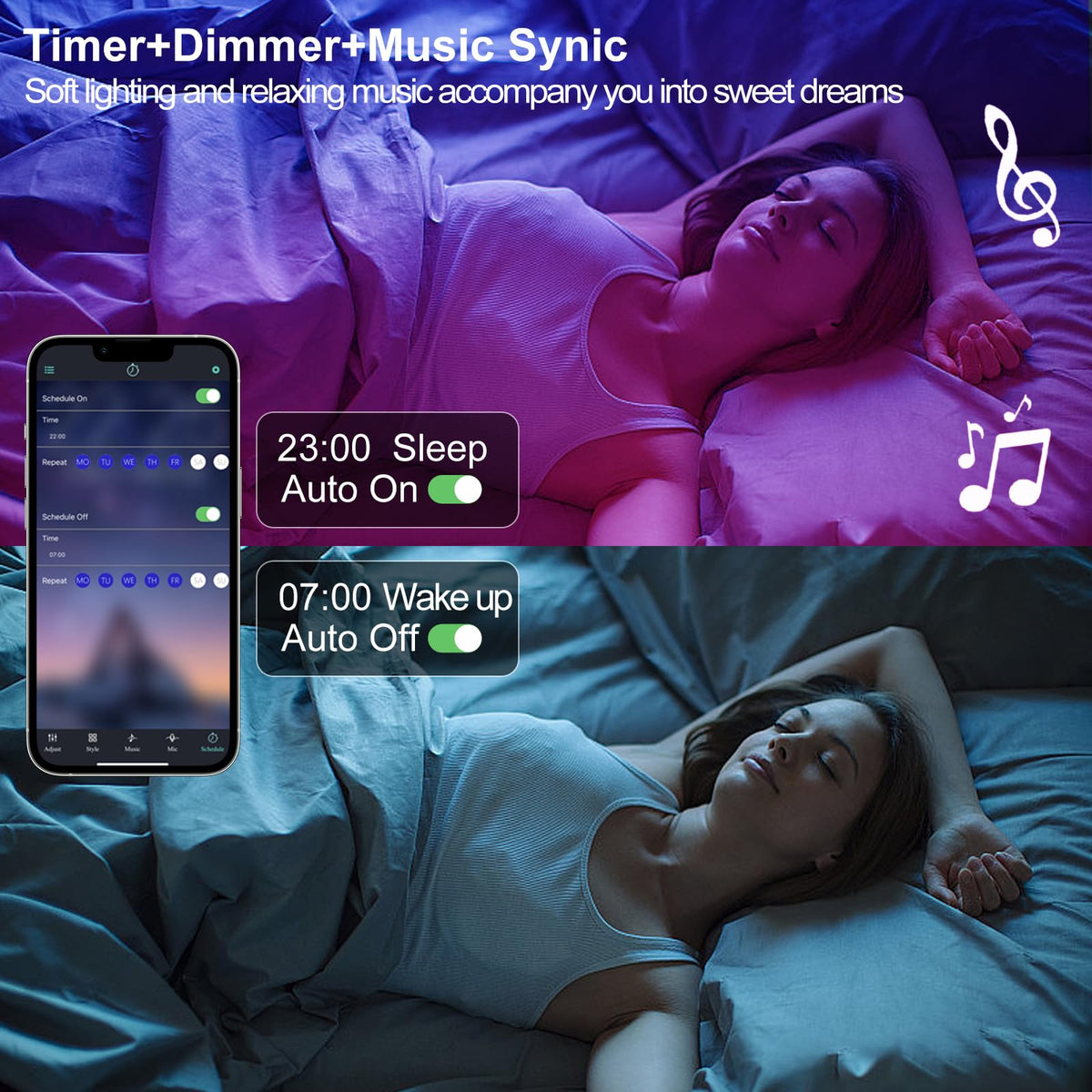 Auplf dimmable color-changing strip with adjustable brightness.