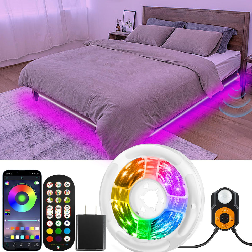 Auplf motion sensor LED strip under-bed ambience enhances nighttime visibility.