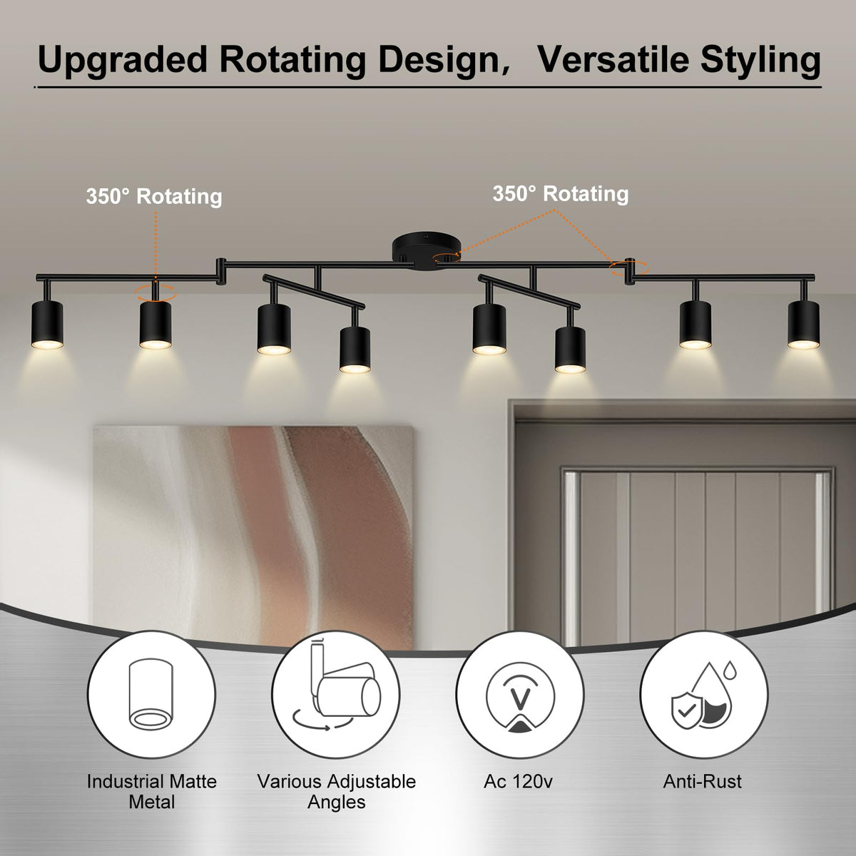 AUQUEE rotatable track light heads with 90° vertical and 350° horizontal rotation