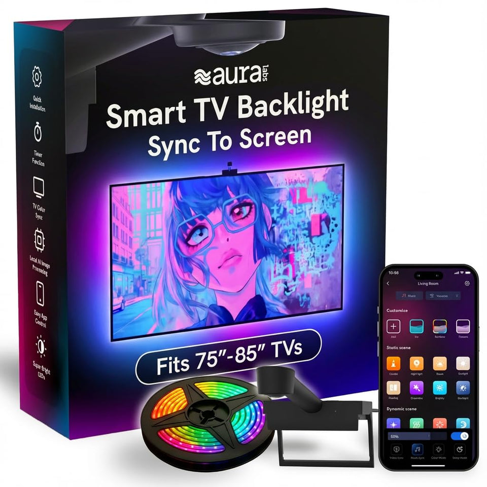 Aura Labs smart TV backlight with camera-sync for real-time color matching and cinematic scenes.