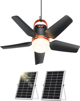 Aurathea canopy fan with lights shown in a tent setup, offering off-grid cooling