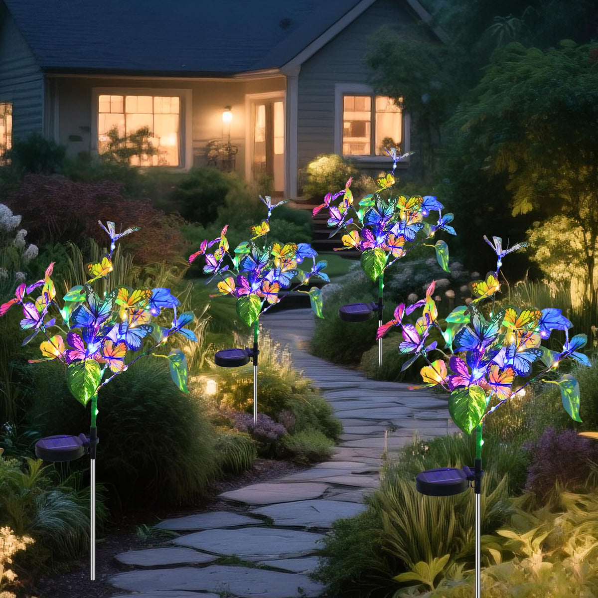 Aureate Horizon solar butterfly lights decorate a garden stake for magical evening ambiance