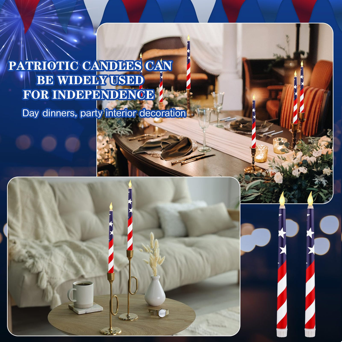 Aurelema American flag 3D flame candle adds realistic warm glow.