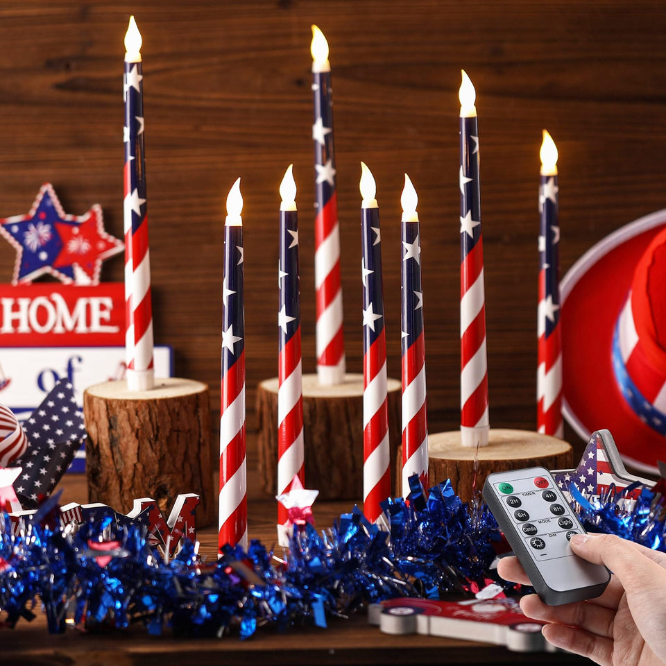 Aurelema patriotic candles with flag design create safe, flickering Independence Day ambience.