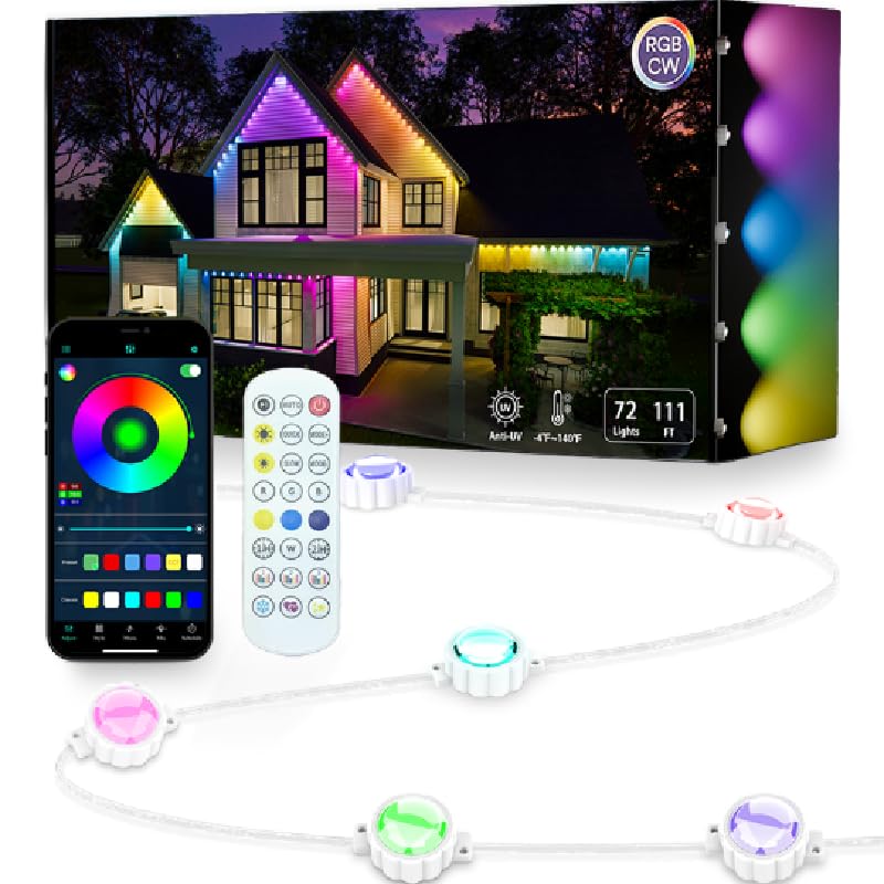 AurNyvaMay RGB outdoor lights spanning 100ft for vibrant holiday color and ambience.