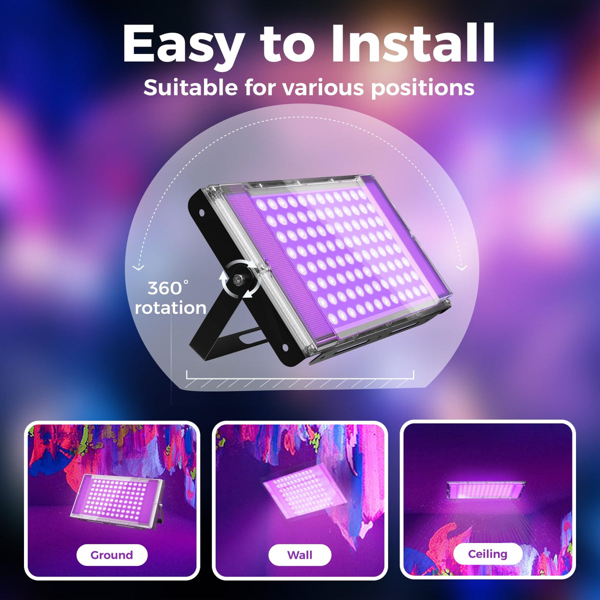 AUROHOPE 100W UV black light installation with 4-foot cord and adjustable bracket.