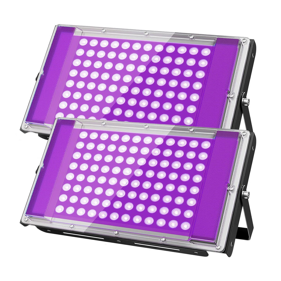 AUROHOPE 100W UV black light front view highlights 385nm glow for neon decor.