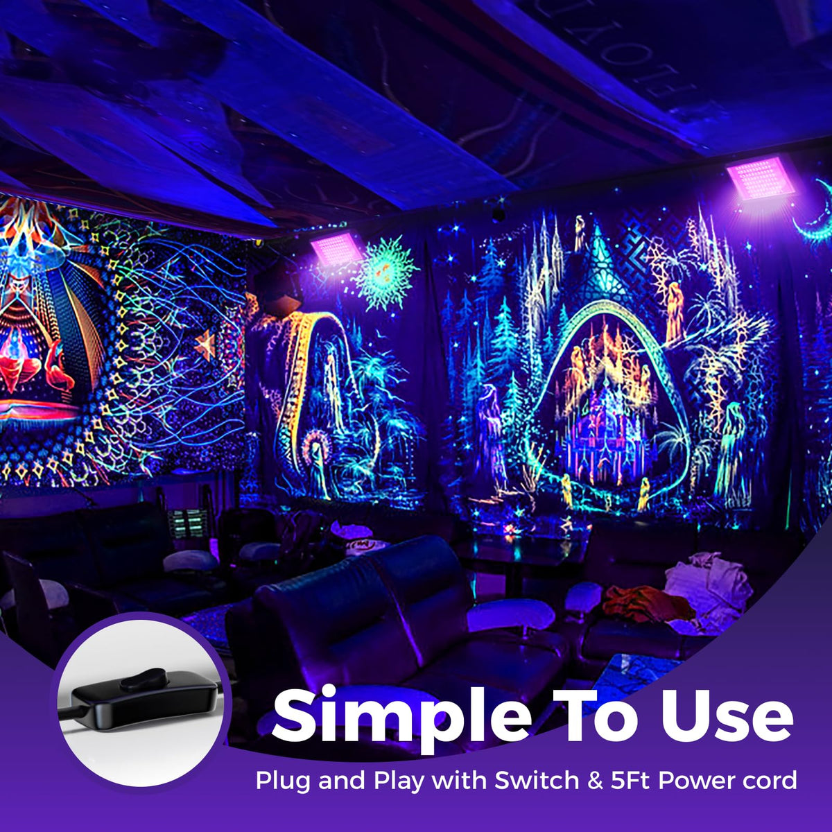 AUROHOPE 100W UV black light glows fluorescent posters and tapestries vividly.